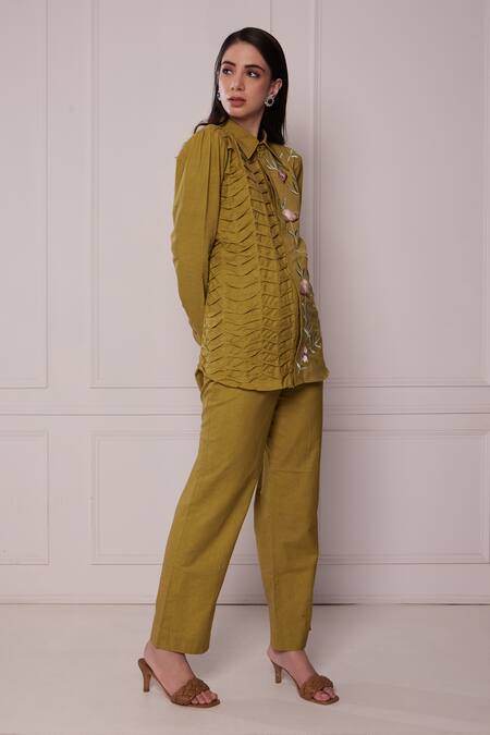 Shop_Fuga_Green Linen Embroidery Collared Half Shirt With Pant_at_Aza_Fashions