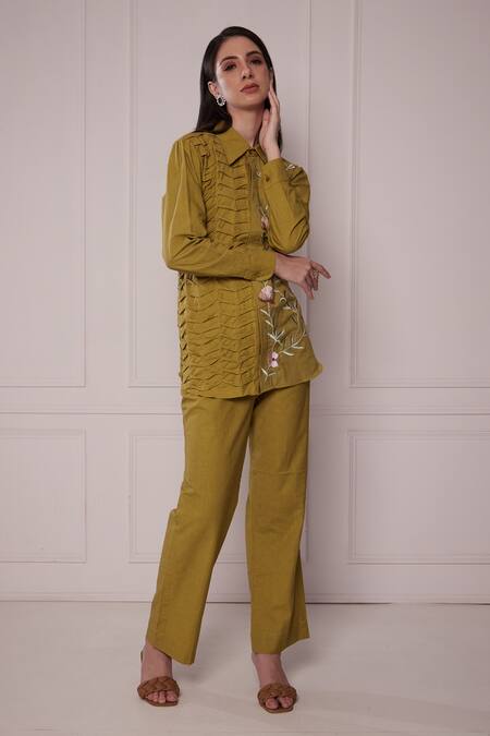 Fuga_Green Linen Embroidery Collared Half Shirt With Pant_Online_at_Aza_Fashions