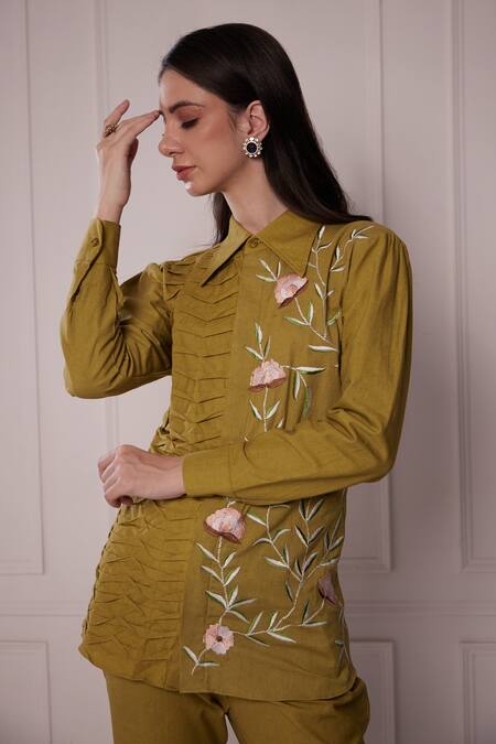Buy_Fuga_Green Linen Embroidery Collared Half Shirt With Pant_Online_at_Aza_Fashions