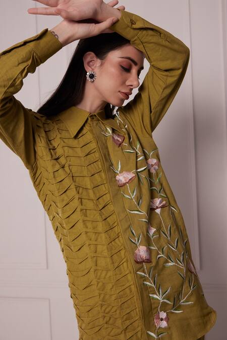 Fuga_Green Linen Embroidery Collared Half Shirt With Pant_at_Aza_Fashions