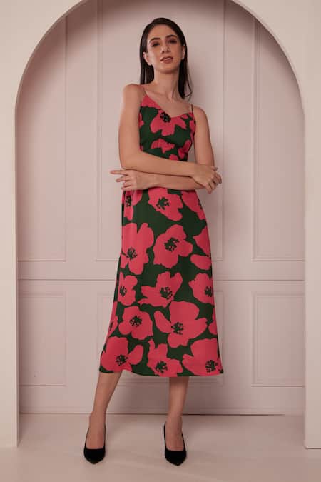Fuga_Green Lace V-neck Floral Bloom Print Dress _Online_at_Aza_Fashions