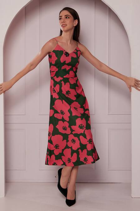 Buy_Fuga_Green Lace V-neck Floral Bloom Print Dress _Online_at_Aza_Fashions