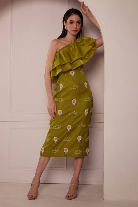 Shop Fuga Green Organza Embroidery Asymmetric Hot Air Balloon Dress at Aza Fashions Shop_Fuga_Green Organza Embroidery Asymmetric Hot Air Balloon Dress_at_Aza_Fashions