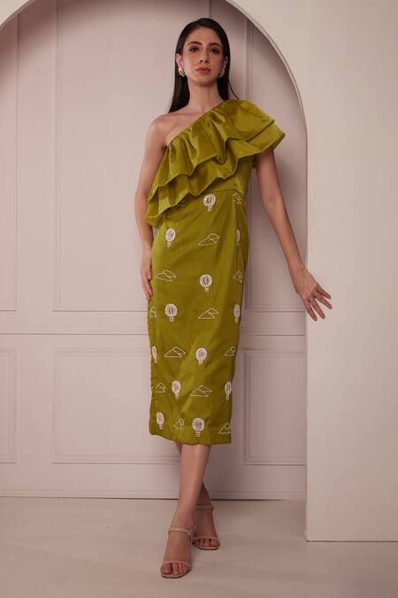 Buy Fuga Green Organza Embroidery Asymmetric Hot Air Balloon Dress Online at Aza Fashions Buy_Fuga_Green Organza Embroidery Asymmetric Hot Air Balloon Dress_Online_at_Aza_Fashions