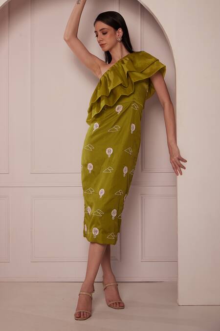 Shop Fuga Green Organza Embroidery Asymmetric Hot Air Balloon Dress Online at Aza Fashions Shop_Fuga_Green Organza Embroidery Asymmetric Hot Air Balloon Dress_Online_at_Aza_Fashions