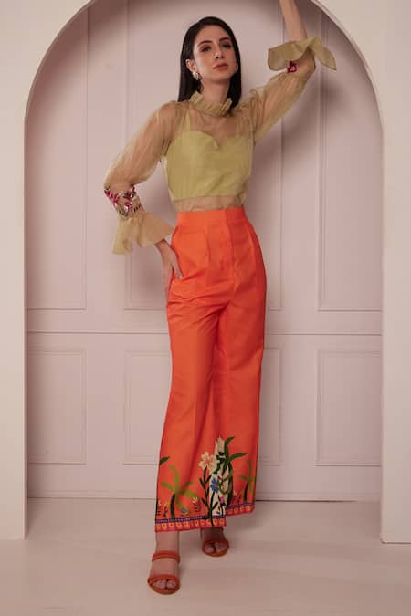 Fuga Green Organza, Cotton Embroidery Polo Collar Sheer Top Floral Print Pant Set Online at Aza Fashions Fuga_Green Organza, Cotton Embroidery Polo Collar Sheer Top Floral Print Pant Set_Online_at_Aza_Fashions