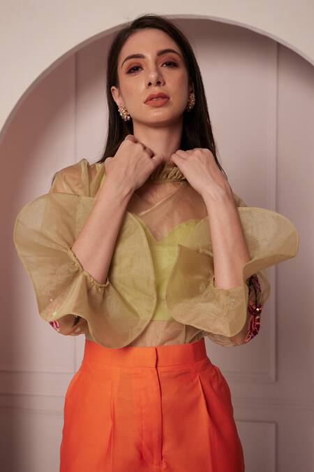 Shop Fuga Green Organza, Cotton Embroidery Polo Collar Sheer Top Floral Print Pant Set Online at Aza Fashions Shop_Fuga_Green Organza, Cotton Embroidery Polo Collar Sheer Top Floral Print Pant Set_Online_at_Aza_Fashions