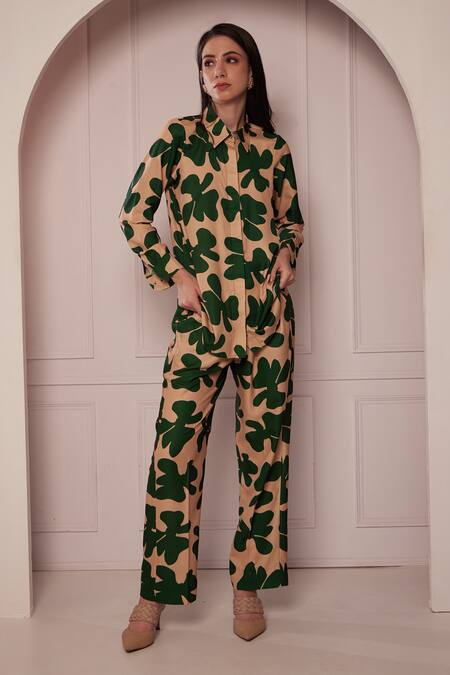 Fuga_Beige Georgette Collared Abstract Floral Print Shirt With Pant_Online_at_Aza_Fashions