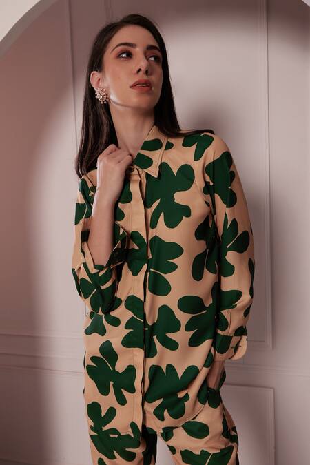 Shop_Fuga_Beige Georgette Collared Abstract Floral Print Shirt With Pant_Online_at_Aza_Fashions