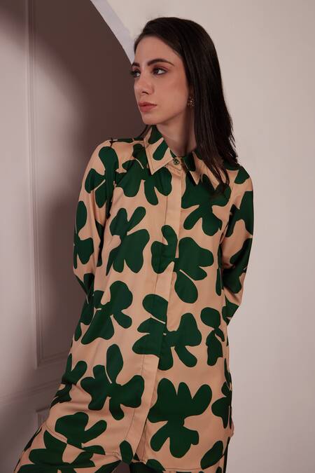 Fuga_Beige Georgette Collared Abstract Floral Print Shirt With Pant_at_Aza_Fashions