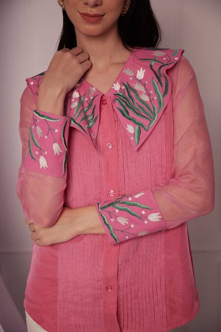 Buy_Fuga_Pink Organza Embroidery Collared Tulip Shirt_Online_at_Aza_Fashions