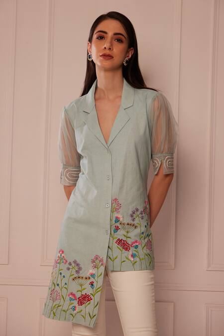 Fuga_Blue Linen Embroidery Collared Floral Shirt_Online_at_Aza_Fashions