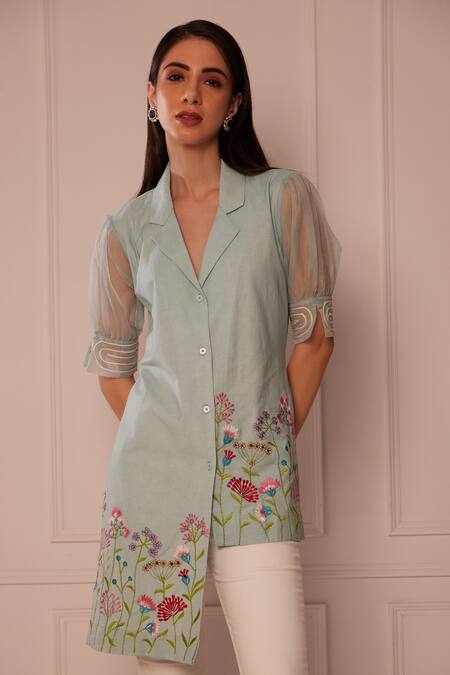 Buy_Fuga_Blue Linen Embroidery Collared Floral Shirt_Online_at_Aza_Fashions