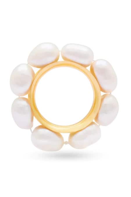 Shop Mnsh White Brooches Baroque Pearl Embellished Ring at Aza Fashions Shop_Mnsh_White Brooches Baroque Pearl Embellished Ring _at_Aza_Fashions