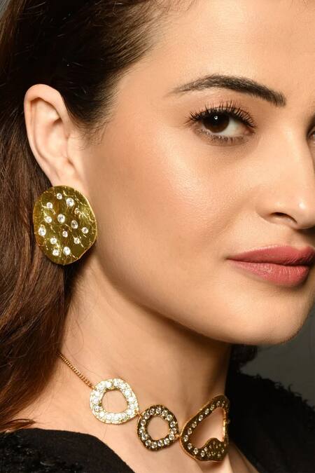 Mnsh_Gold Plated Crystals Glint Cubic Zirconia Embellished Studs_Online_at_Aza_Fashions