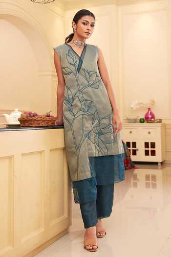 Chambray & Co._Blue , Organza Cut Work, Embroidery V-neck Juli Lotus Kurta With Pant _Online_at_Aza_Fashions