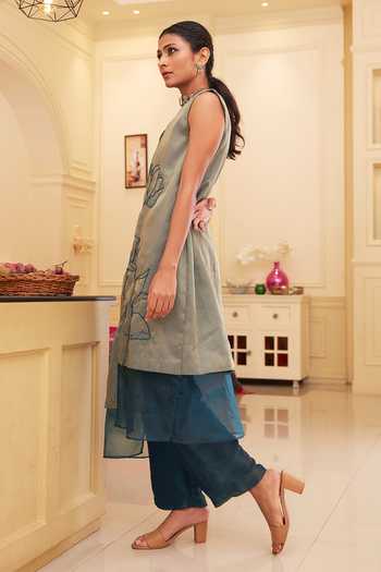 Shop_Chambray & Co._Blue , Organza Cut Work, Embroidery V-neck Juli Lotus Kurta With Pant _Online_at_Aza_Fashions