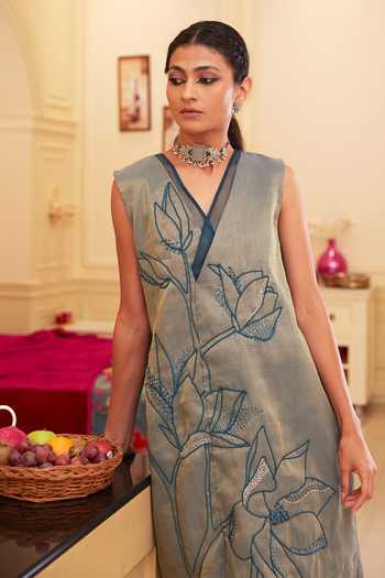 Chambray & Co._Blue , Organza Cut Work, Embroidery V-neck Juli Lotus Kurta With Pant _at_Aza_Fashions