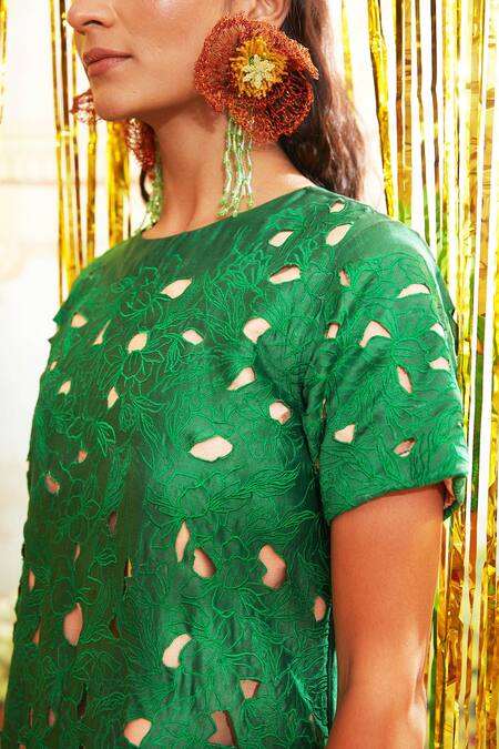Buy_Chambray & CO._Green Chanderi Silk Cut Work Round Neck Halo Floral Dress _Online_at_Aza_Fashions
