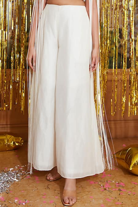 Buy_Chambray & CO._White Linen, Silk Fringe V-neck Celest Cape Pant Set _Online_at_Aza_Fashions