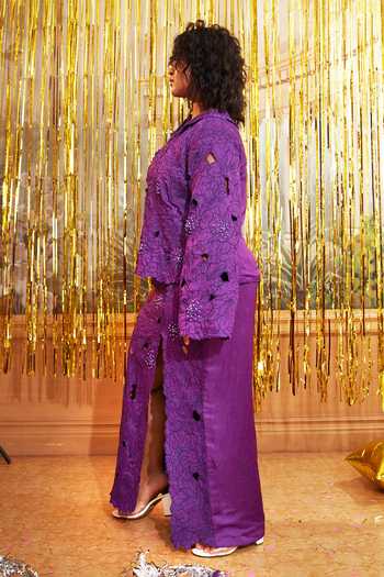 Buy_Chambray & Co._Purple Silk Embroidery V-neck, Collared Neoma Cutwork Jacket Skirt Set _Online_at_Aza_Fashions