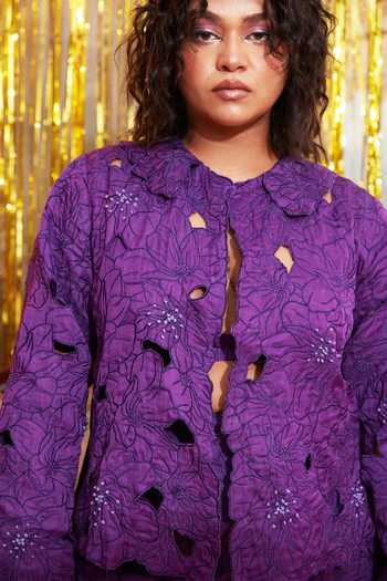 Chambray & Co._Purple Silk Embroidery V-neck, Collared Neoma Cutwork Jacket Skirt Set _at_Aza_Fashions