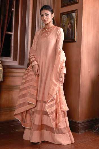 Chambray & Co._Pink Silk Organza, Linen Embroidery, Cut Samira Panelled Anarkali With Dupatta _Online_at_Aza_Fashions