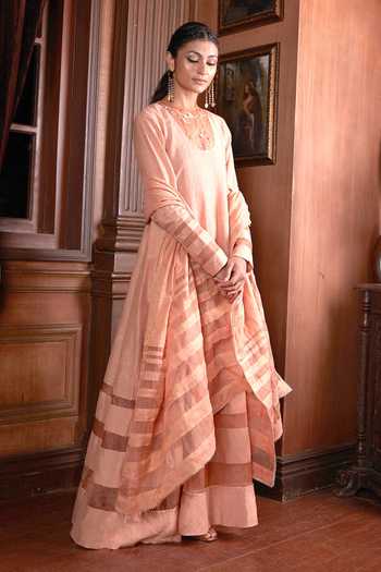 Buy_Chambray & Co._Pink Silk Organza, Linen Embroidery, Cut Samira Panelled Anarkali With Dupatta _Online_at_Aza_Fashions