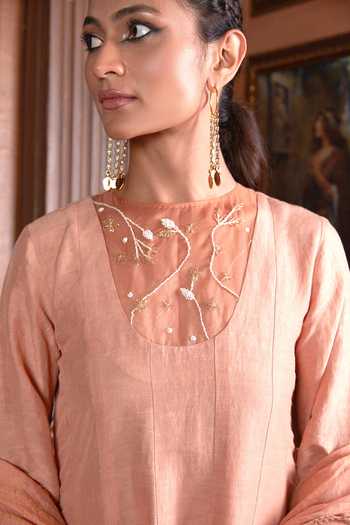 Chambray & Co._Pink Silk Organza, Linen Embroidery, Cut Samira Panelled Anarkali With Dupatta _at_Aza_Fashions