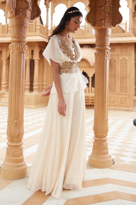 Chambray & CO._Ivory , Tissue, Silk Embroidery, Zari Peplum Jacket Skirt Set _Online_at_Aza_Fashions