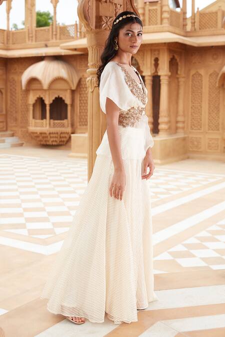 Shop_Chambray & CO._Ivory , Tissue, Silk Embroidery, Zari Peplum Jacket Skirt Set _Online_at_Aza_Fashions