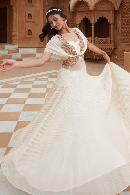 Chambray & CO._Ivory , Tissue, Silk Embroidery, Zari Peplum Jacket Skirt Set _at_Aza_Fashions