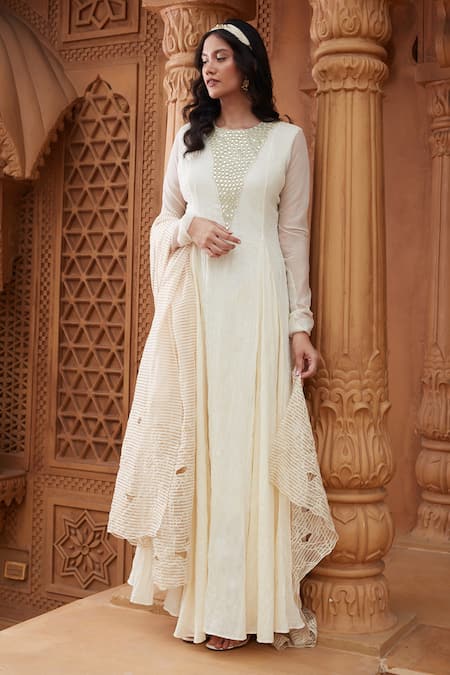 Chambray & CO. Ivory Silk, Cotton, Tissue Mirrors, Namira Mirrorwork Yoke Anarkali With Dupatta Online at Aza Fashions Chambray & CO._Ivory Silk, Cotton, Tissue Mirrors, Namira Mirrorwork Yoke Anarkali With Dupatta _Online_at_Aza_Fashions