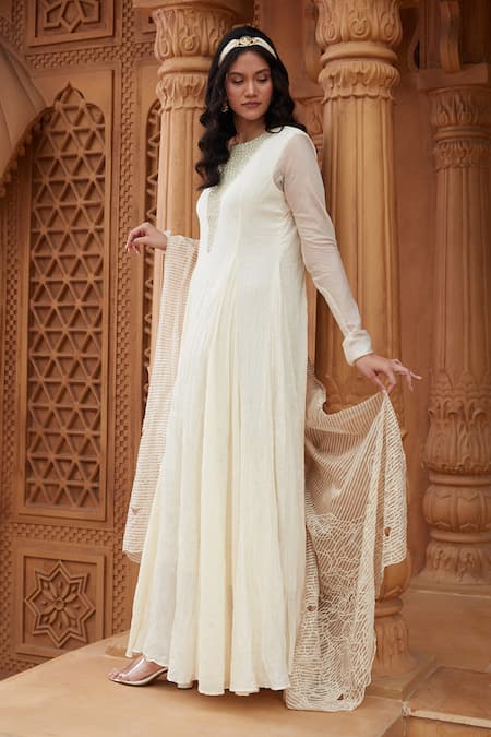 Buy Chambray & CO. Ivory Silk, Cotton, Tissue Mirrors, Namira Mirrorwork Yoke Anarkali With Dupatta Online at Aza Fashions Buy_Chambray & CO._Ivory Silk, Cotton, Tissue Mirrors, Namira Mirrorwork Yoke Anarkali With Dupatta _Online_at_Aza_Fashions