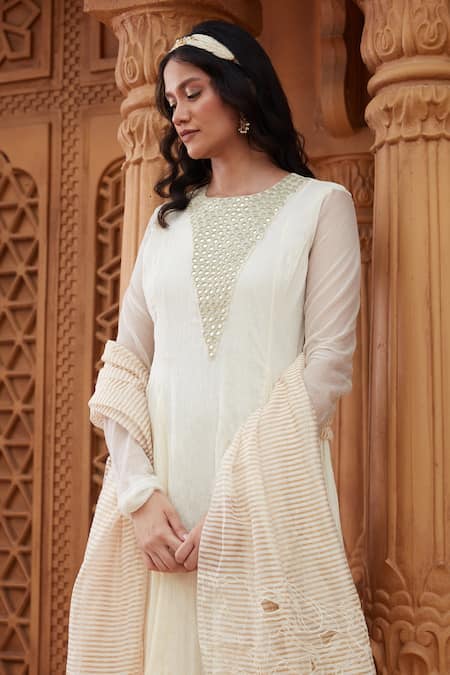 Shop Chambray & CO. Ivory Silk, Cotton, Tissue Mirrors, Namira Mirrorwork Yoke Anarkali With Dupatta Online at Aza Fashions Shop_Chambray & CO._Ivory Silk, Cotton, Tissue Mirrors, Namira Mirrorwork Yoke Anarkali With Dupatta _Online_at_Aza_Fashions