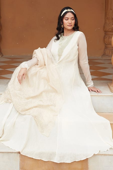 Chambray & CO. Ivory Silk, Cotton, Tissue Mirrors, Namira Mirrorwork Yoke Anarkali With Dupatta at Aza Fashions Chambray & CO._Ivory Silk, Cotton, Tissue Mirrors, Namira Mirrorwork Yoke Anarkali With Dupatta _at_Aza_Fashions