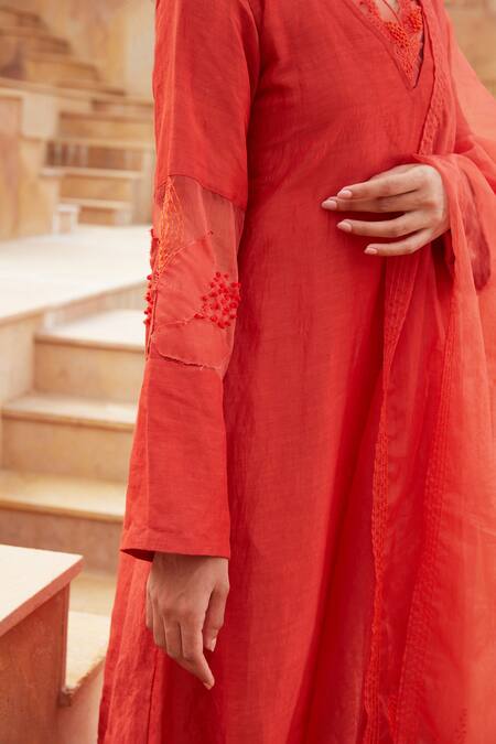 Chambray & CO. Orange Organza, Linen, Embroidery, Imean Floral Sharara Kurta Set Online at Aza Fashions Chambray & CO._Orange Organza, Linen, Embroidery, Imean Floral Sharara Kurta Set _Online_at_Aza_Fashions