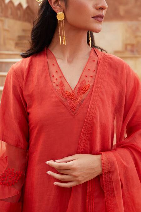 Buy Chambray & CO. Orange Organza, Linen, Embroidery, Imean Floral Sharara Kurta Set Online at Aza Fashions Buy_Chambray & CO._Orange Organza, Linen, Embroidery, Imean Floral Sharara Kurta Set _Online_at_Aza_Fashions