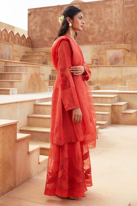 Chambray & CO. Orange Organza, Linen, Embroidery, Imean Floral Sharara Kurta Set at Aza Fashions Chambray & CO._Orange Organza, Linen, Embroidery, Imean Floral Sharara Kurta Set _at_Aza_Fashions