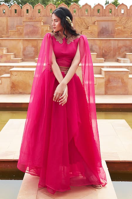 Chambray & Co._Pink Organza, Linen, Zonaira Zardozi Embroidered Blouse With Lehenga _Online_at_Aza_Fashions