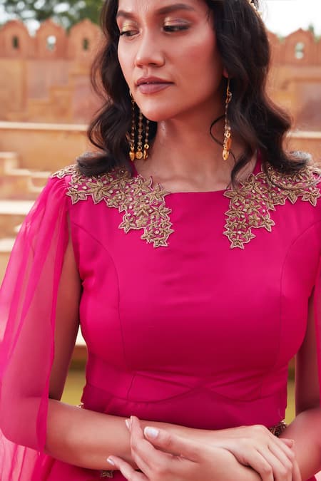 Buy_Chambray & Co._Pink Organza, Linen, Zonaira Zardozi Embroidered Blouse With Lehenga _Online_at_Aza_Fashions