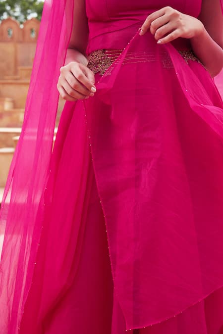 Chambray & Co._Pink Organza, Linen, Zonaira Zardozi Embroidered Blouse With Lehenga _at_Aza_Fashions