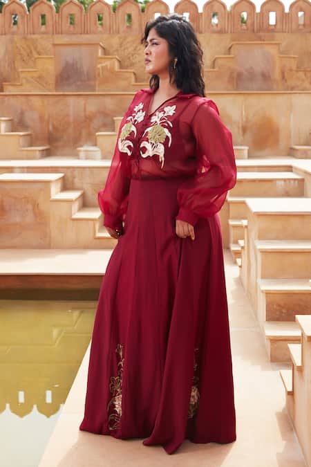 Shop_Chambray & Co._Maroon Silk Organza, Cotton, Silk, Linen Embroidery Nazia Khat Shirt Skirt Set _Online_at_Aza_Fashions
