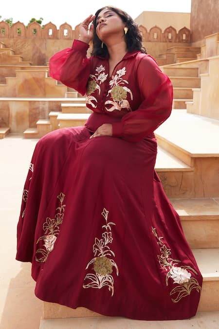 Chambray & Co._Maroon Silk Organza, Cotton, Silk, Linen Embroidery Nazia Khat Shirt Skirt Set _at_Aza_Fashions