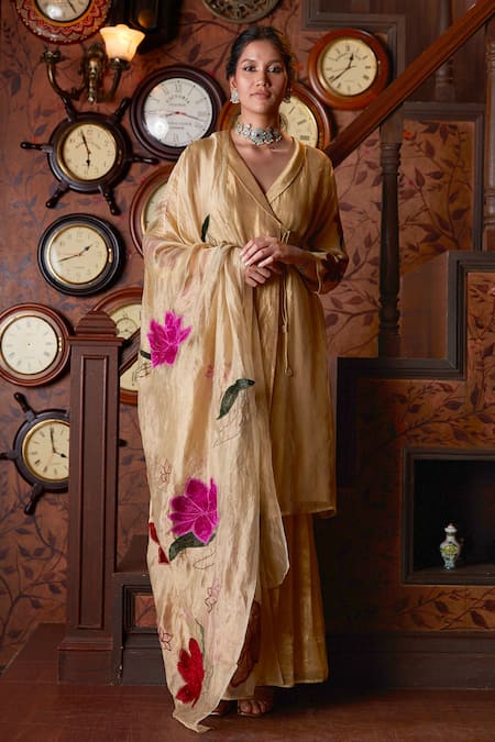 Buy Chambray & CO. Gold Handloom Cotton, Silk Maliha Overlap Kurta Set With Floral Dupatta Online at Aza Fashions Buy_Chambray & CO._Gold Handloom Cotton, Silk Maliha Overlap Kurta Set With Floral Dupatta _Online_at_Aza_Fashions