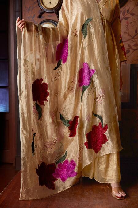 Shop Chambray & CO. Gold Handloom Cotton, Silk Maliha Overlap Kurta Set With Floral Dupatta Online at Aza Fashions Shop_Chambray & CO._Gold Handloom Cotton, Silk Maliha Overlap Kurta Set With Floral Dupatta _Online_at_Aza_Fashions