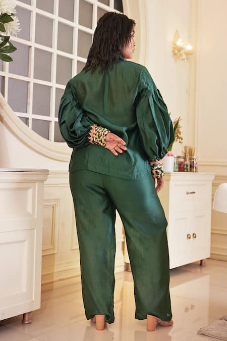 Shop Chambray & CO. Green Silk, Chanderi, Linen Embroidery Alora Thread Placement Top With Pant at Aza Fashions Shop_Chambray & CO._Green Silk, Chanderi, Linen Embroidery Alora Thread Placement Top With Pant _at_Aza_Fashions