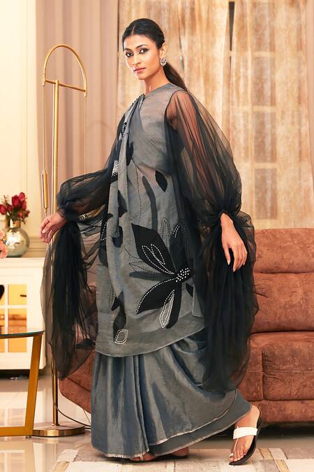 Buy Chambray & CO. Silver Silk Applique Round Neck Ruyaa Floral Saree With Blouse Online at Aza Fashions Buy_Chambray & CO._Silver Silk Applique Round Neck Ruyaa Floral Saree With Blouse _Online_at_Aza_Fashions