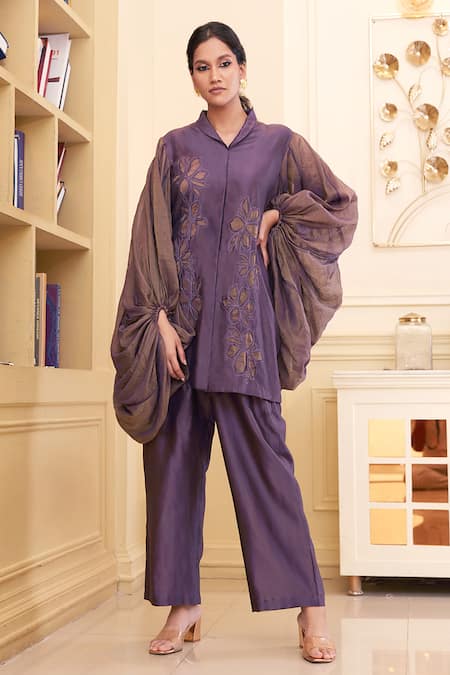 Chambray & Co. Purple Pure Handwoven Chanderi Silk Embroidered Ahlem Floral Tunic With Pant 