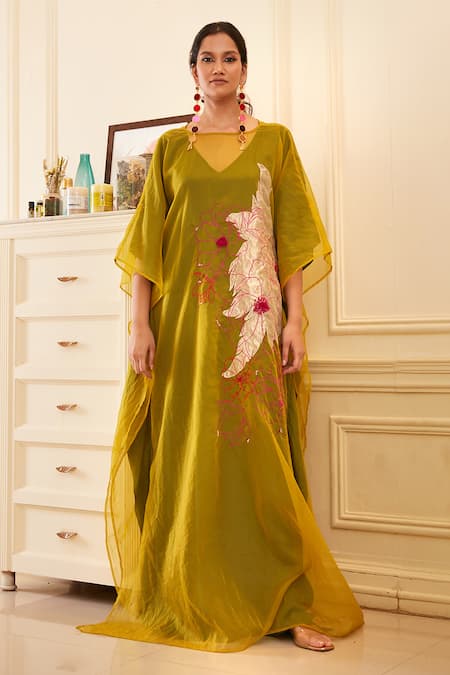 Chambray & Co._Green Silk Organza, Velvet Embroidery Round Neck Pasithea Applique Kaftan _Online_at_Aza_Fashions